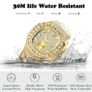 MISSFOX Luxus-Herrenuhr Gold 18 Karat Modell Vollständig gepflasterter Baguette-Diamant Herrenuhren Wasserdichter Kalender Männliche Uhr Stunden