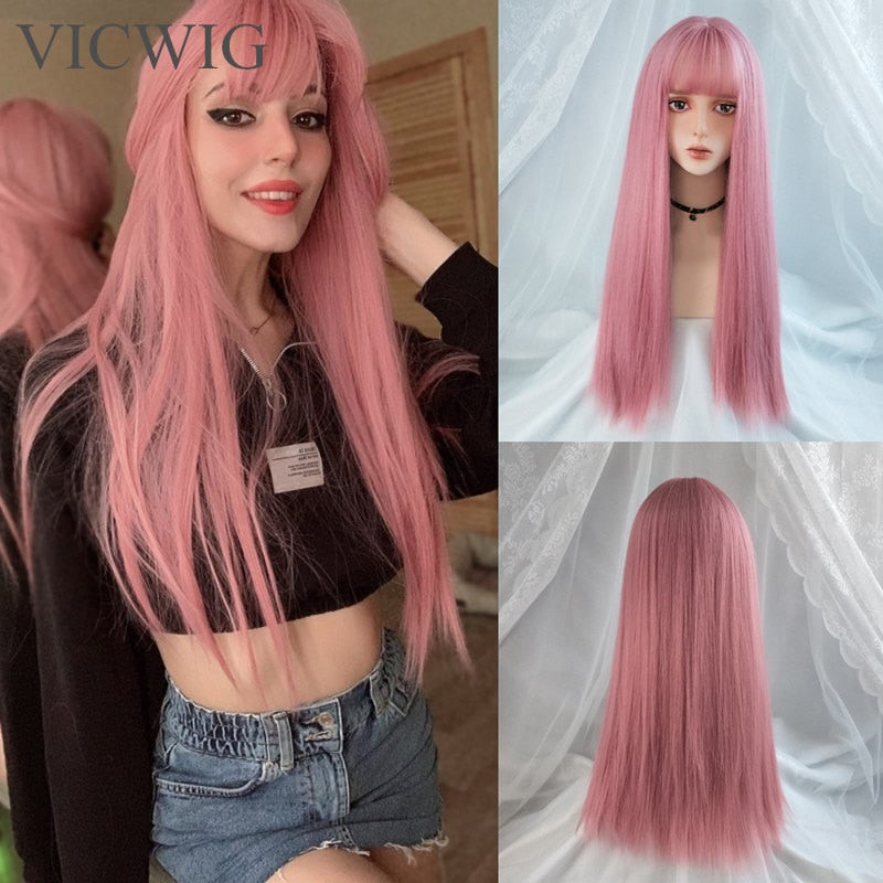 VICWIG Cosplay-Perücke mit Pony Synthetisches glattes Haar 24 Zoll lange hitzebeständige rosa Perücke für Frauen