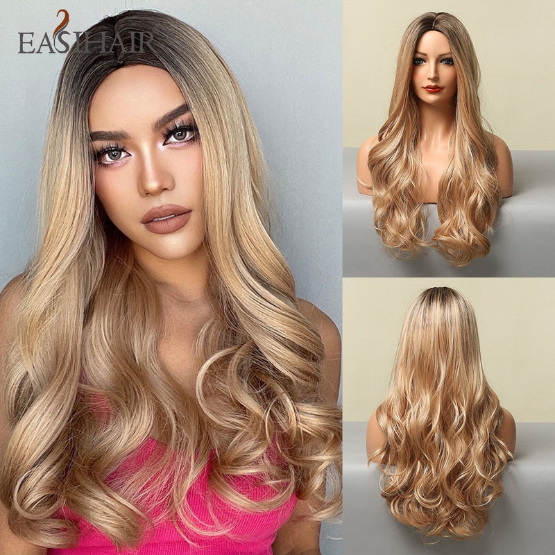 Pelucas EASIHAIR de color marrón claro con ondas de cuerpo largo y reflejos rubios, pelucas de pelo sintético resistentes al calor para Cosplay de parte media para mujeres