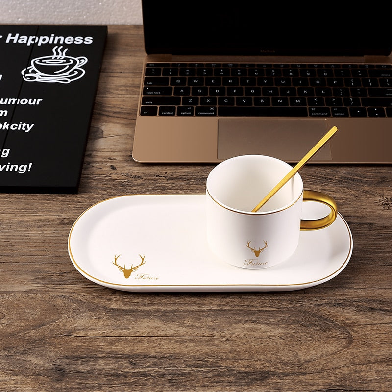 European Luxurious Gold Rim Ceramics Coffee Cups And Saucers Spoon Sets With Gift Box Tea Soy Milk Breakfast Mugs Dessert Plate