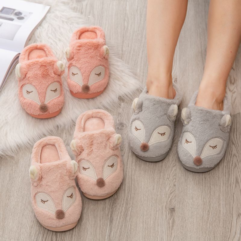 Indoor Home Floor Slippers Fox Women&#39;s Soft Shoes Warm Cute Animal Fox Winter Fur Home Slippers Women&#39;s Warm Cotton Slippers
