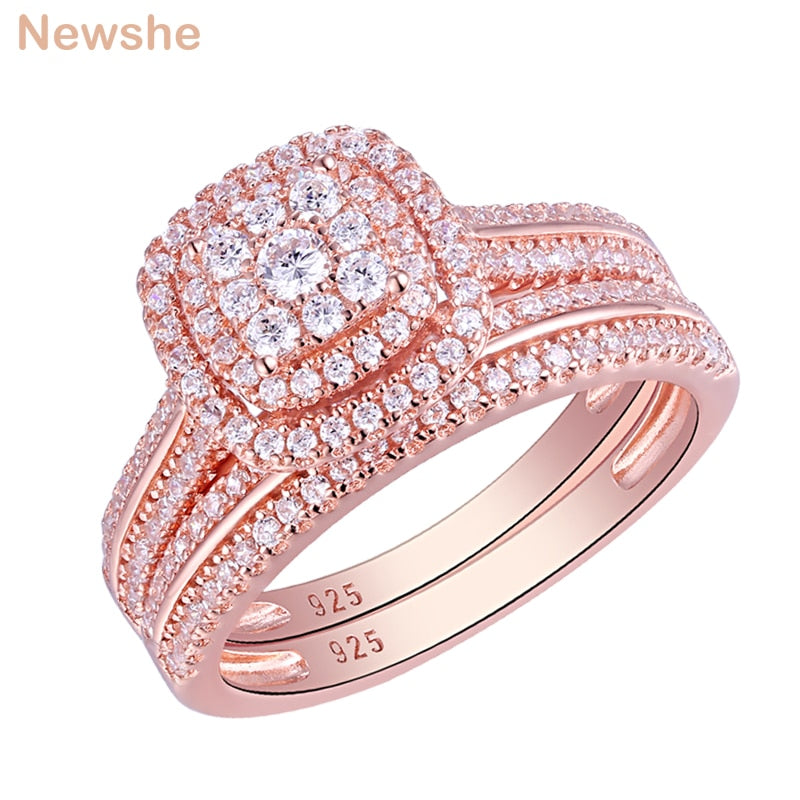 Newshe Double Halo Roségold 925 Silber Verlobungsring Brautset für Frauen AAAAA Kubikzirkon Romantischer Hochzeitsschmuck