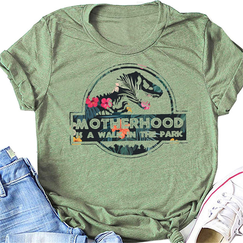 La maternidad es un paseo por el parque, camiseta con estampado de letras Harajuku para mujer, bonita camiseta gráfica con cabeza de dinosaurio, camiseta Vintage para mujer