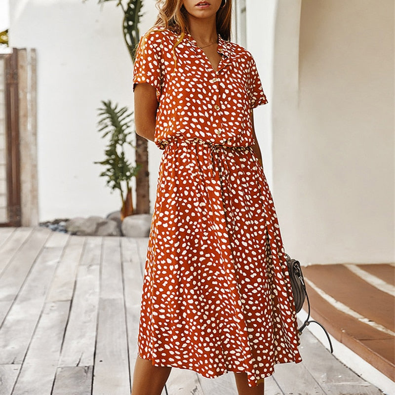 Vestidos de moda para mujer, vestido camisero de cintura alta con estampado de puntos bohemios de verano, vestido Midi informal de manga corta para vacaciones en la playa para mujer