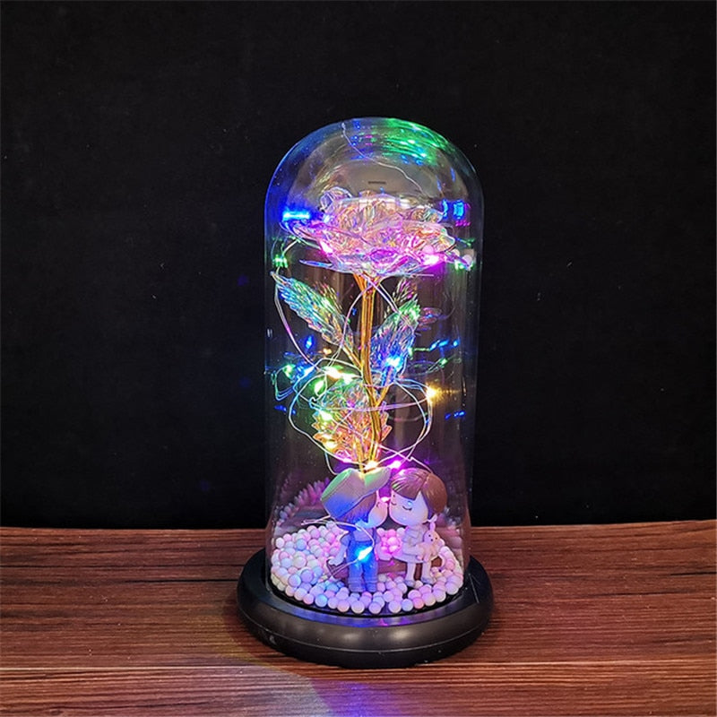 LED Enchanted Galaxy Rose Ewige 24 Karat Goldfolie Blume mit Lichterketten in Kuppel für Heimdekoration Weihnachten Valentinstagsgeschenk