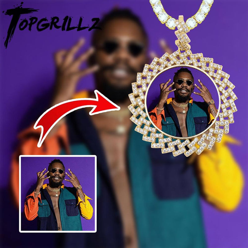 TOPGRILLZ Custom Made Photo Round Medallions Necklace & Pendant with 4mm Tennis Chain Gold Silver Cubic Zircon  Hip hop Jewelry