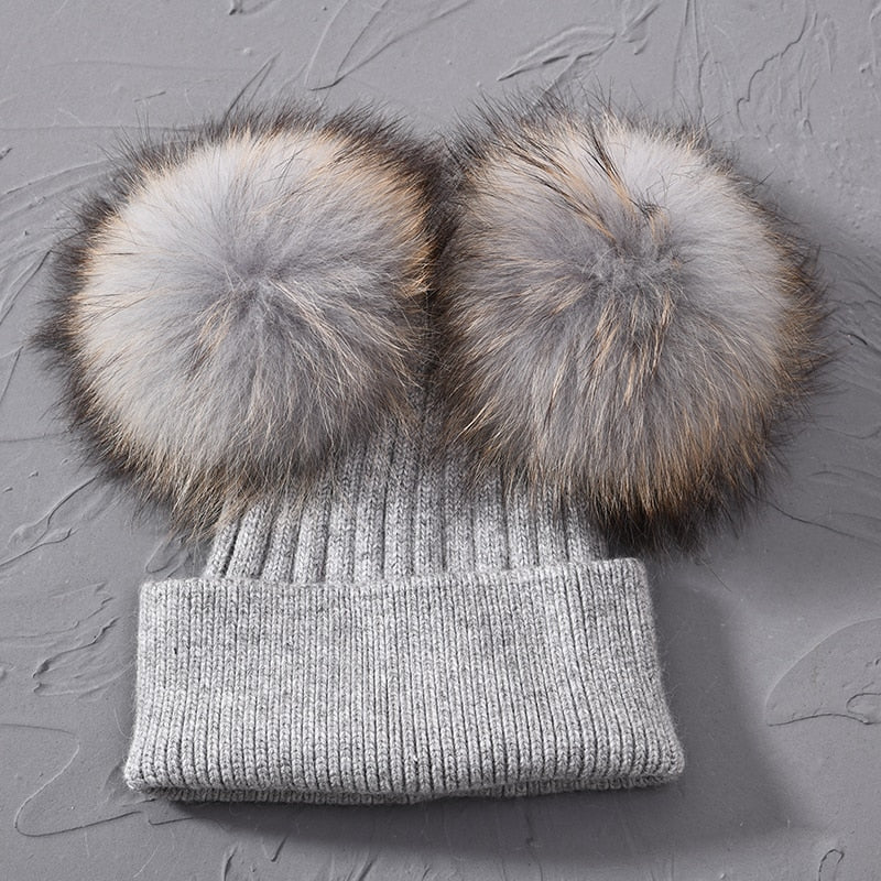 Double Real Raccoon Fur Pompom Hat Women Winter Caps Knitted Wool Hats Skullies Beanies Girls Female Two Fur Pom Pom Beanie Hat