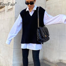 Forefair V Neck Sleeve White Knitted Autumn Winter Women Sweater Vests Casual Loose Outwear Solid Sweater Preppy Style Vests
