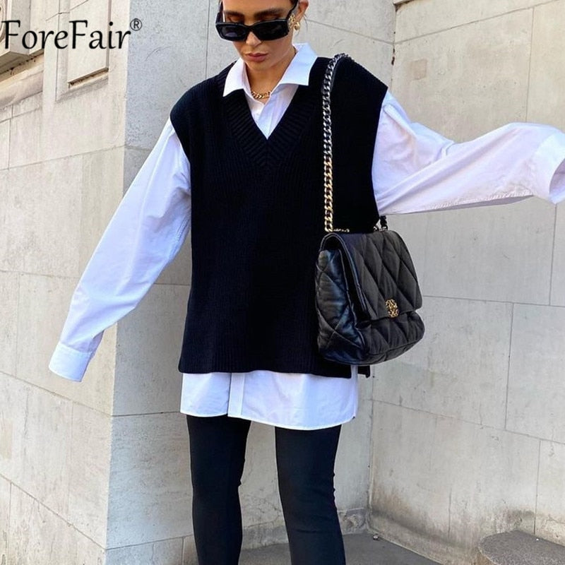 Forefair V Neck Sleeve White Knitted Autumn Winter Women Sweater Vests Casual Loose Outwear Solid Sweater Preppy Style Vests