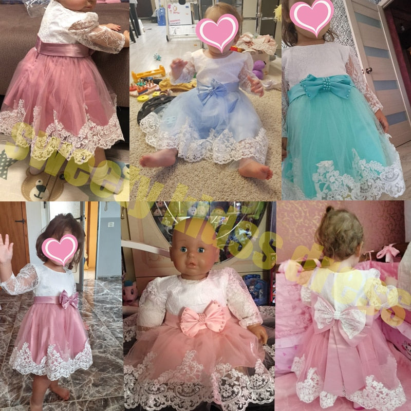 Vestido infantil para niña, vestido de bautizo de 1er cumpleaños de manga larga con lazo de encaje para niña, vestidos de boda para fiesta de flores, ropa para niña
