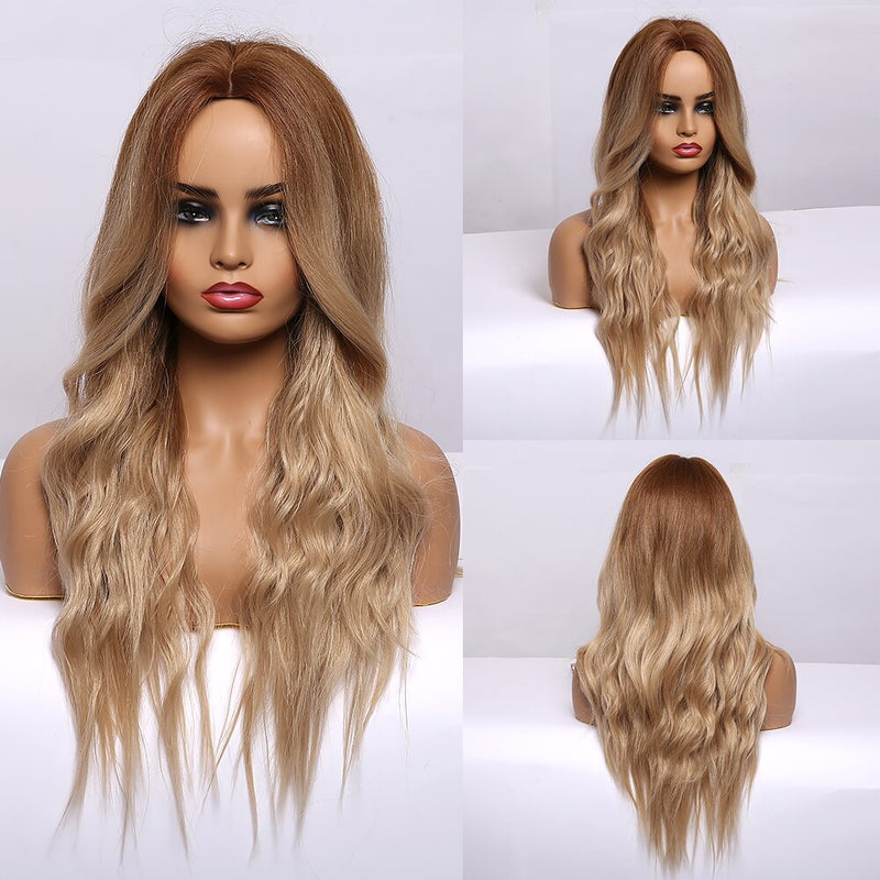 GEMMA Long Wavy Natural Middle Part Synthetic Wig Women Fake Hair Heat Resistant Black Brown Blonde Red Highlight Cosplay Wigs