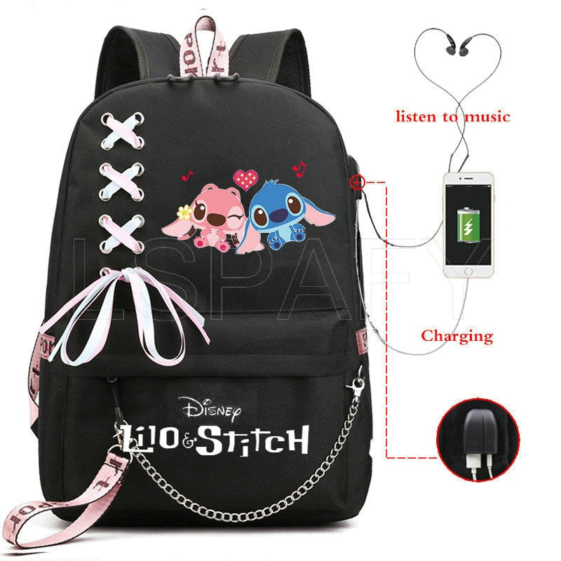 Disney Kawaii Stitch Bag Zipper USB Charging Mochila Capacity Backpack Women Kpop School Bags for Teenage Girls Students