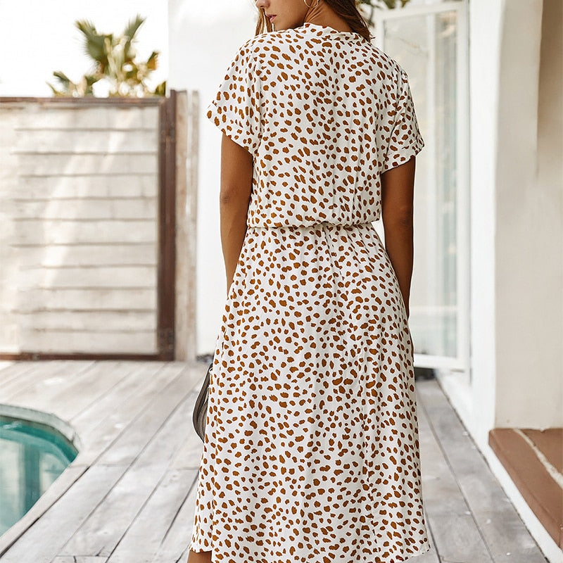 Vestidos de moda para mujer, vestido camisero de cintura alta con estampado de puntos bohemios de verano, vestido Midi informal de manga corta para vacaciones en la playa para mujer