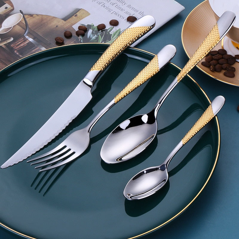 Geschirr Küchenbesteck Set Golden Spoon Geschirr Set 18/10 Edelstahl Western Home Messer Gabel Löffel Luxus Besteck Set