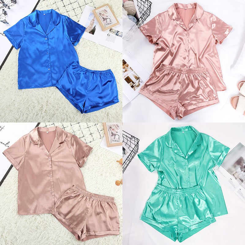 HiLoc Solid Satin Nachtwäsche Seide Pyjama Set Top und Shorts Zweiteiler Pyjama Damen Pyjama Kurzarm Home Suit Casual