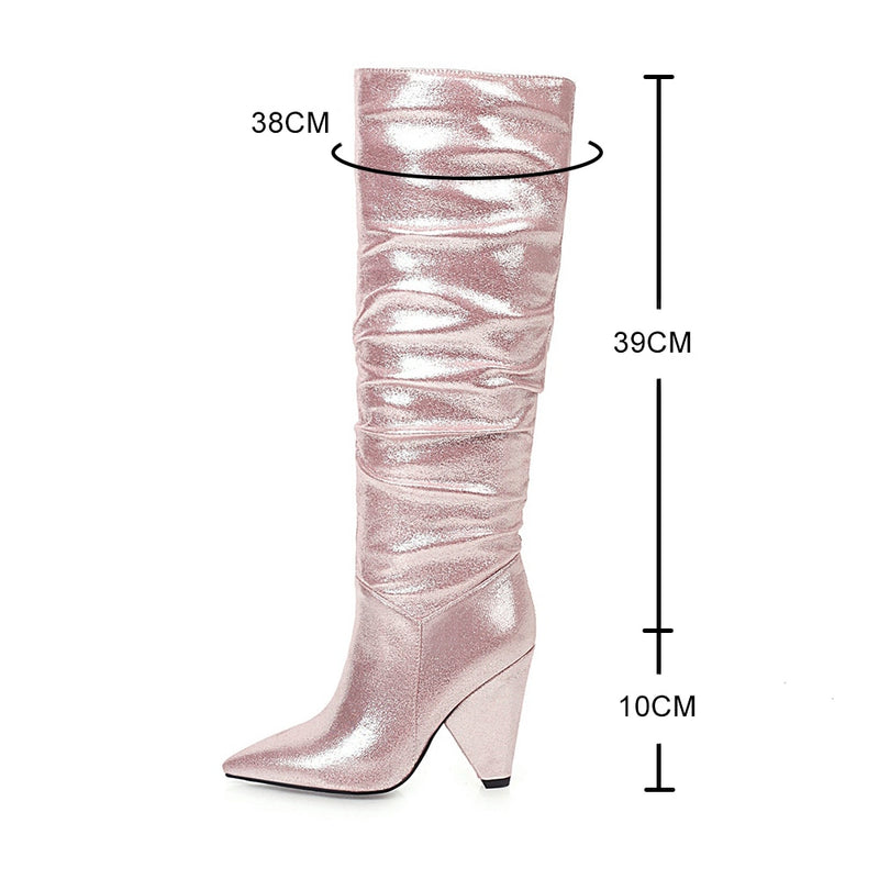 Winter Sequined Cloth Pleated Boots For Women Pointed Toe Thick Heels Botas Woman Bling Party Shoes Pink Knee High Boots Femal