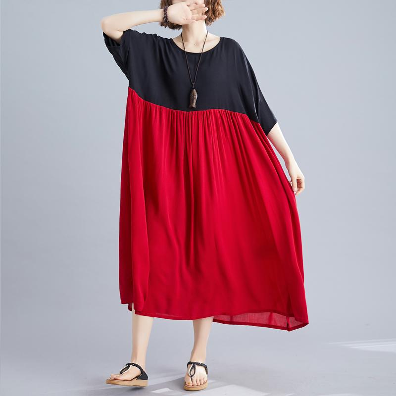 Vestidos de gran tamaño para mujer, vestido largo de algodón de gran tamaño de verano, vestido de retazos rojo y negro, bata para mujer, novedad de 2022