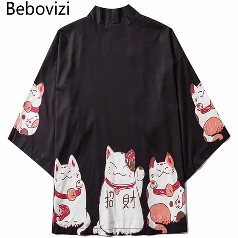 Bebovizi Japan Style Clothes Men Summer Streetwear Cat Print Kimono Cardigan Mandarin Robe Men Unisex Japanese Trend Kimonos