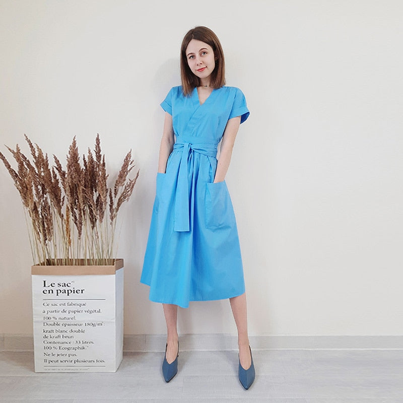Office Lady Women Casual Sashes A-Line Dress Ladies Short Sleeve V-Neck Summer Dress 2022 Fashion Midi Party Dress Vestidos