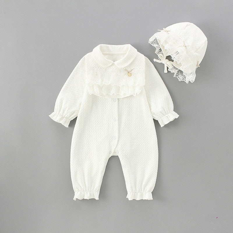 Mamelucos para niñas recién nacidas, mono, estilo inglés, cuello Peter Pan, encaje, ropa bonita de moda para bebés, atuendo de 0 a 24 meses