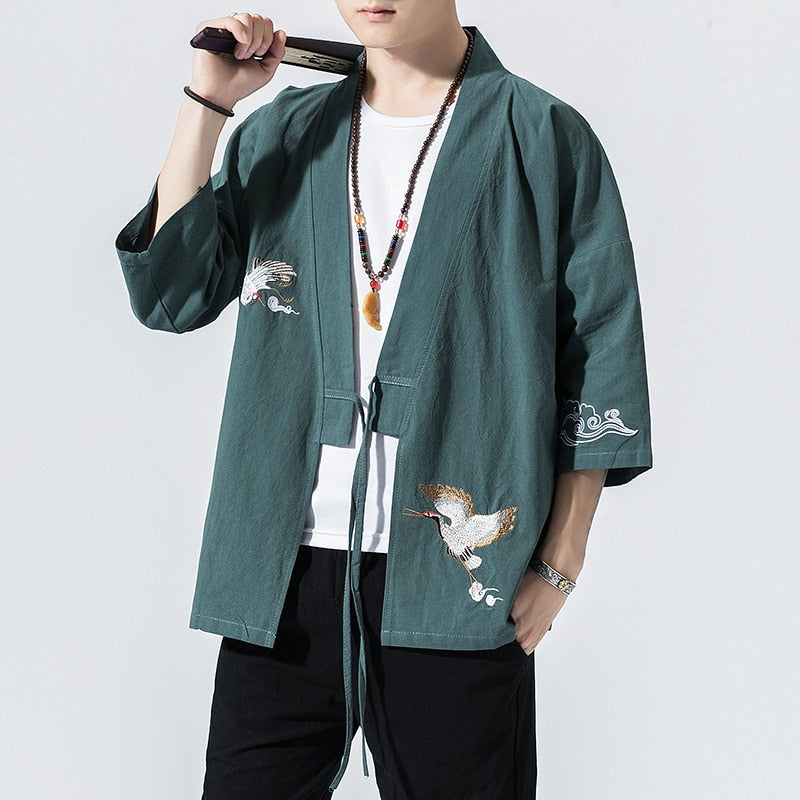 Kimono Cardigan Men Japanese Kimono Traditional Beach Thin Crane Embroidery Asian Clothes Yukata Male Samurai Casual Shirt Kimon