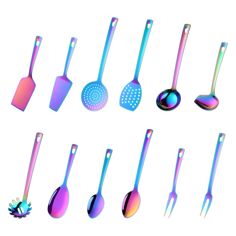 4/12pcs Stainless Steel Kitchen Utensils Gold Cooking Tool Long Serving Sets Scoop Spoon Fork Turner Ladle Cake Shovel