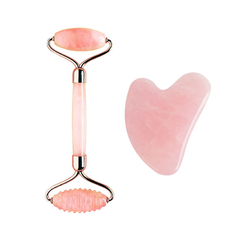 Rose Quartz Roller with Gua Sha Set for Face 100% Natural Authentic Facial Crystal Massager Skin Eyes Neck Tones Firms Depuffs