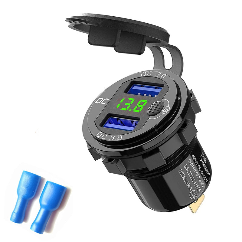 Quick Charge 3.0 36W Car Dual USB Charger QC3.0 Waterproof with Voltmeter Switch for 12V/24V Motorcycle ATV Boat Marine RV