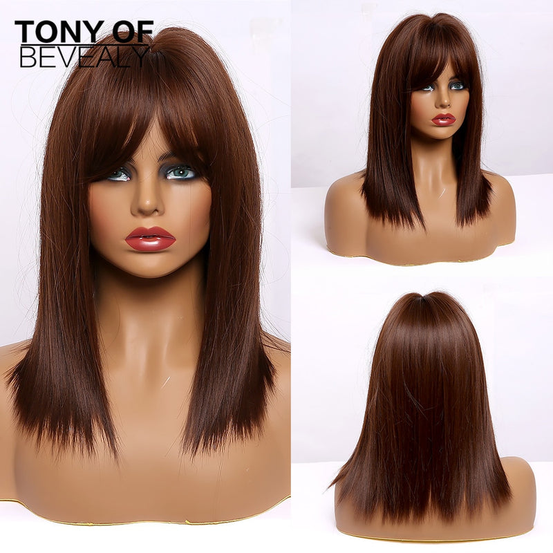 Pelucas de pelo liso de color marrón degradado a rubio de longitud media con flequillo, pelucas sintéticas para mujeres, pelucas naturales resistentes al calor para Cosplay