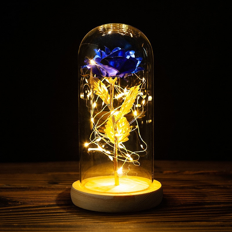 LED Enchanted Galaxy Rose Eternal 24K Gold Foil Flower with String Lights In Dome for Home Decor Christmas Valentine&