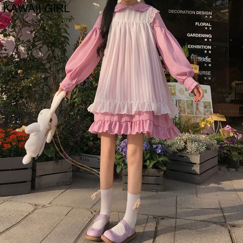 Süßes süßes Kawaii Mädchen Lolita Kleid Prinzessin Maid Vintage Rüschen Kleider Puffärmel Rot Schwarz Rosa Damen Kleid Runder Kragen