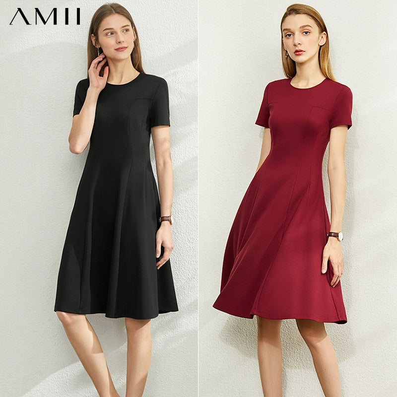 Amii Frühling Sommer Neues Kausales Kleid Für Frauen Mode Solide Oneck Slim Fit Knielangen Weibliches Sommerkleid 12060032