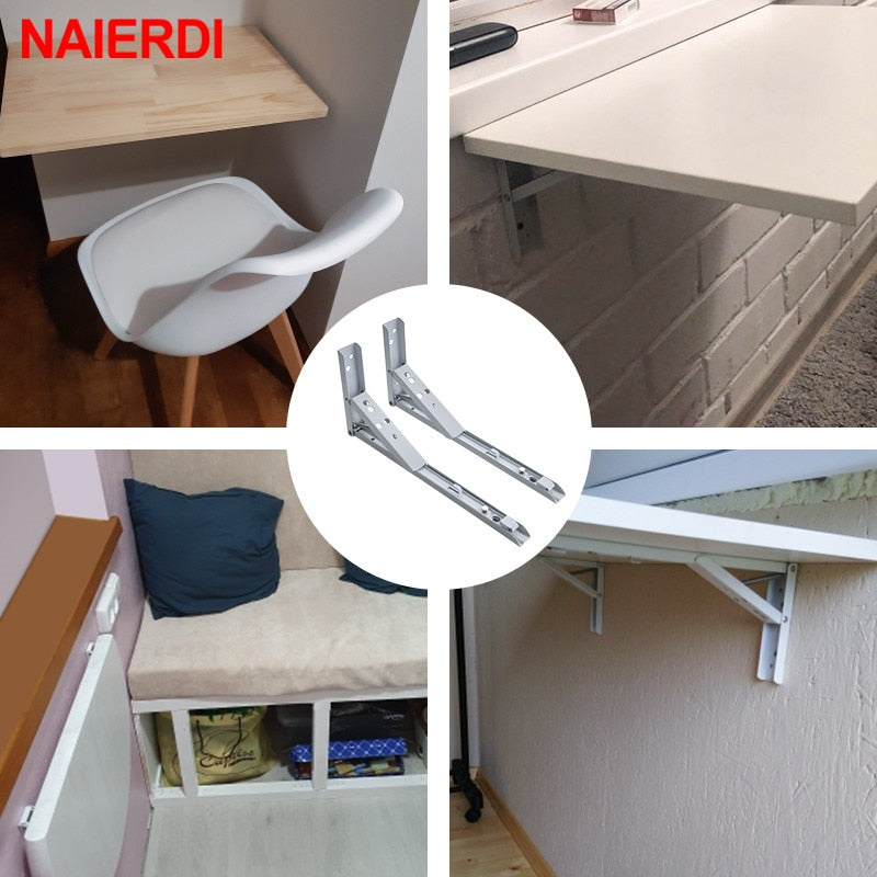 NAIERDI 2PCS Triangle Folding Angle Bracket Heavy Support Adjustable Wall Mounted Bench Table Shelf Bracket Furniture Hardware