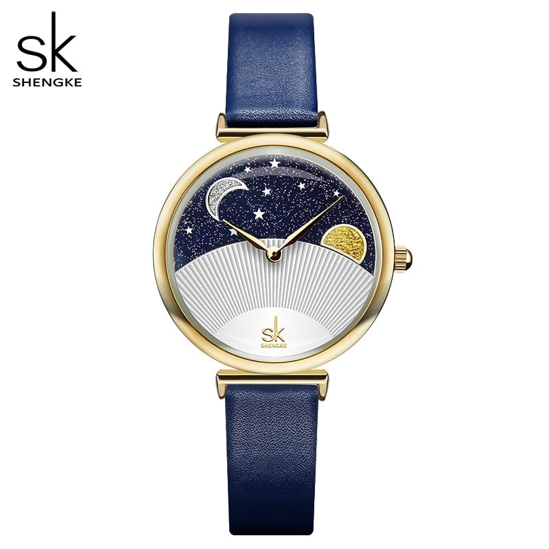 Shengke Fashion Blue Damenuhr Quarz Lady Lederuhr für Damen Casual wasserdichte Armbanduhr Romantic Moon Stars Dial