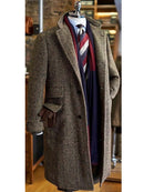 Winter Men Trench Coat Long Brown Herringbone Wool Blend Single Breasted Suit Jackets Tailored Made Groomsan Overcoat Man Blazer