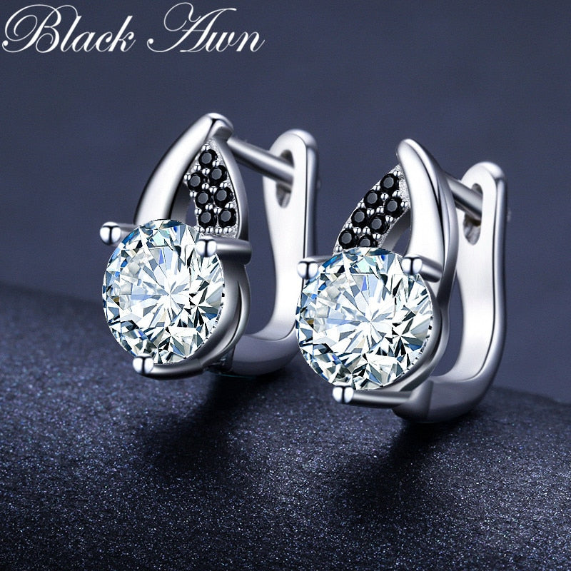 Black Awn 2022 New Classic Silver Color Round Black Trendy Spinel Engagement Hoop Earrings for Women Jewelry Bijoux I131