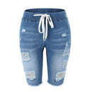 Sommer Denim Zerrissene Bermuda Shorts Damen Blau Kordelzug Distressed Knielange Stretch Kurze Jeans