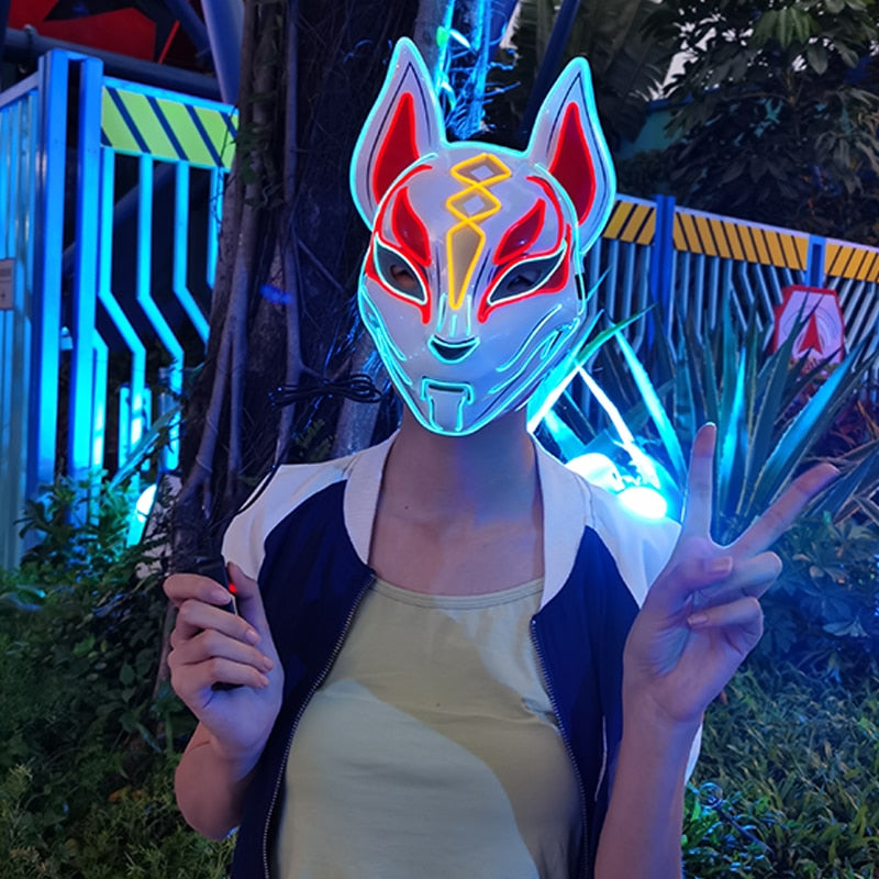 Máscara de zorro japonés con decoración de Anime Expro, máscara de Cosplay con luz Led de neón, máscara Led para fiesta de Halloween, baile, DJ, día de pago, accesorios para disfraces