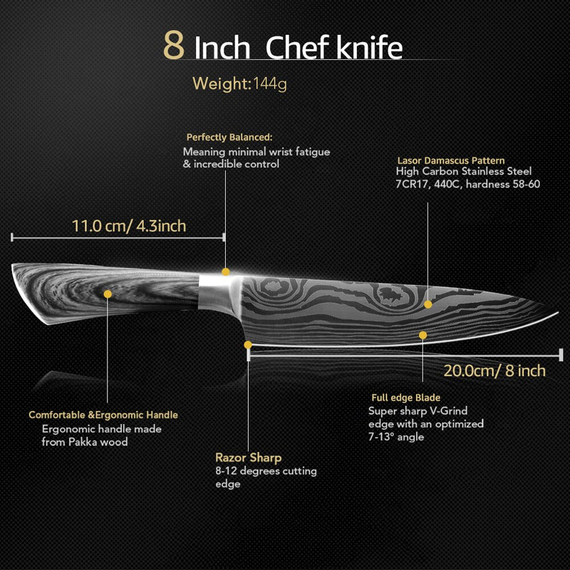 Kitchen Knife 5 7 8 inches stainless steel chef knives Meat Cleaver Santoku utility 440C lazer damacuse pattern Cooking Set