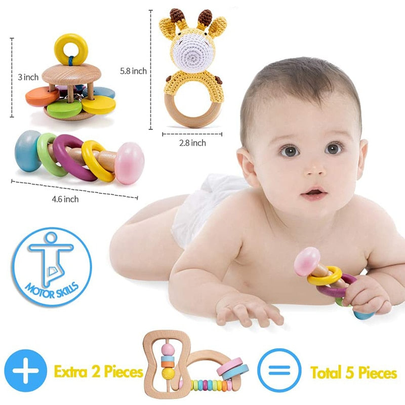 5 STÜCKE Organisches Sicheres Holzspielzeug Baby Montessori Kleinkindspielzeuggriff DIY Häkelrassel Schnullerarmband Beißringspielzeugset Babyprodukt