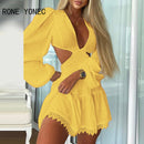 Women Elegant Dress Lace Trim Cutout Puff Sleeve Plunge Dress V Neck Casual Dress Vacation Dress 2021