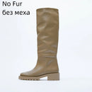 QUTAA INS Mode Frauen Kniehohe Stiefel Vollrindleder Warme Wohnungen Dicke High Heels Motorradstiefel Frau Dame Schuhe 34-43