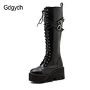 Gdgydh Mode Frauen Stiefel Cross Strap PU Leder Herbst Winter Kniehohe Stiefel Damen Dicke Sohle Plateauschuhe Punk Gothic