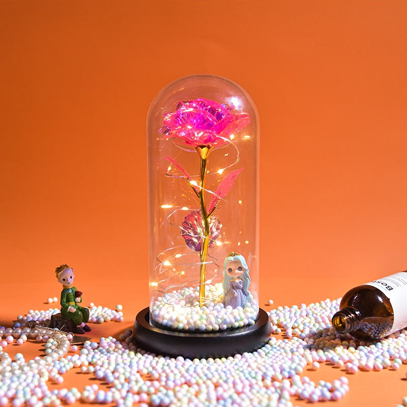 Weihnachtsgeschenk Schönheit und das Biest Konservierte Rosen im Glas Galaxy Rose Blume LED-Licht Kunstblume Geschenk für Frauen Mädchen