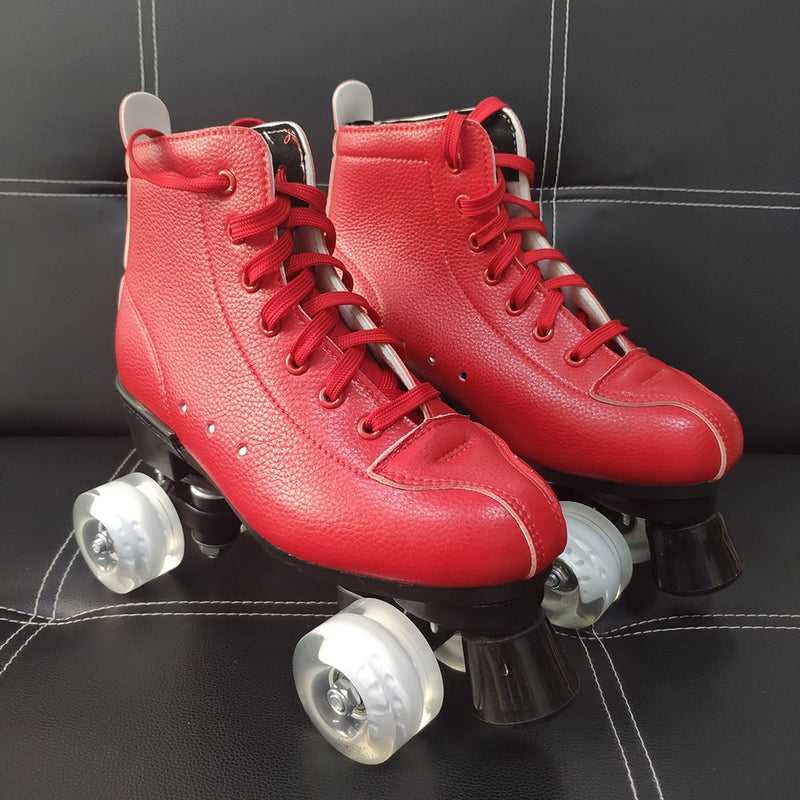 Red Artificial Leather Double Row Roller Skates Shoes Woman Man Outdoor Sports 4-Wheel Patines Shoes