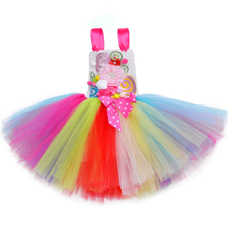 Süßes Regenbogen-Tutu-Kleid für Mädchen, Halloween, Geburtstag, Party, Kleidung, Kinder, Blumen, Schleife, Lutscher, Süßigkeiten-Kostüm mit Stirnband