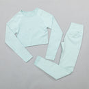 Nahtloser Yoga-Anzug Sport-Set Fitness-Kleidung Fitness-Frauen Langarm-Crop-Top mit hoher Taille Leggings geripptes Trainings-Set Trainingsanzüge