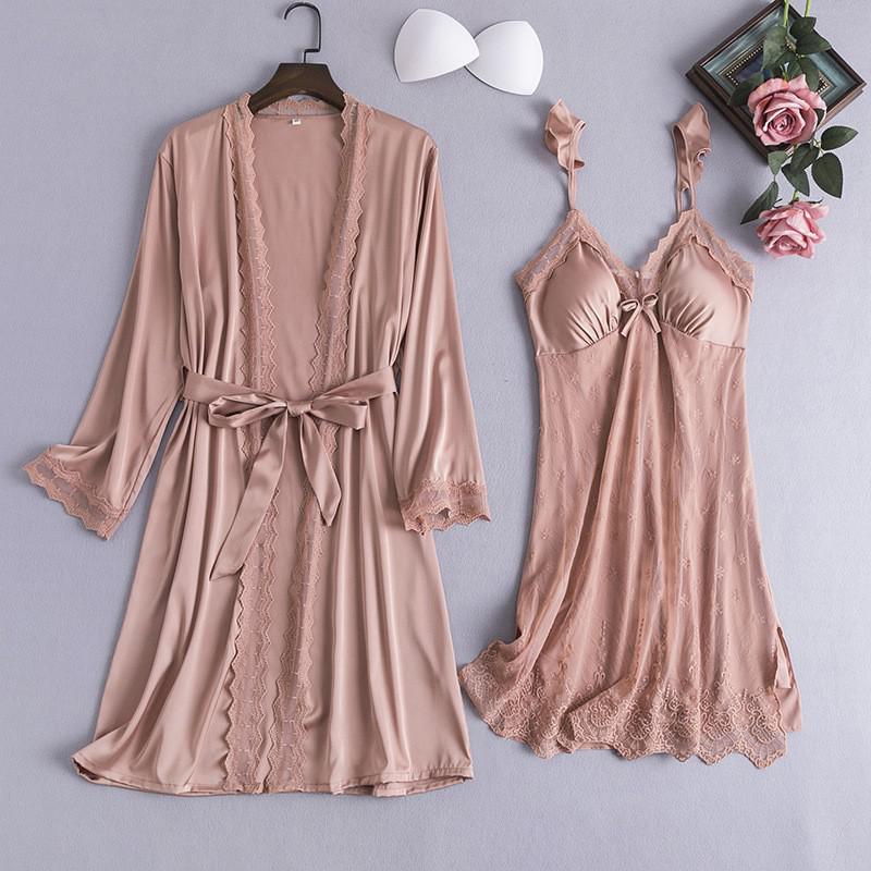 Satin Lady Robes Suit Sexy Kimono Bathrobe Gown Full Slip Lace Nightwear With Strap Nightgown Lingerie Summer Sleepwear With Bow