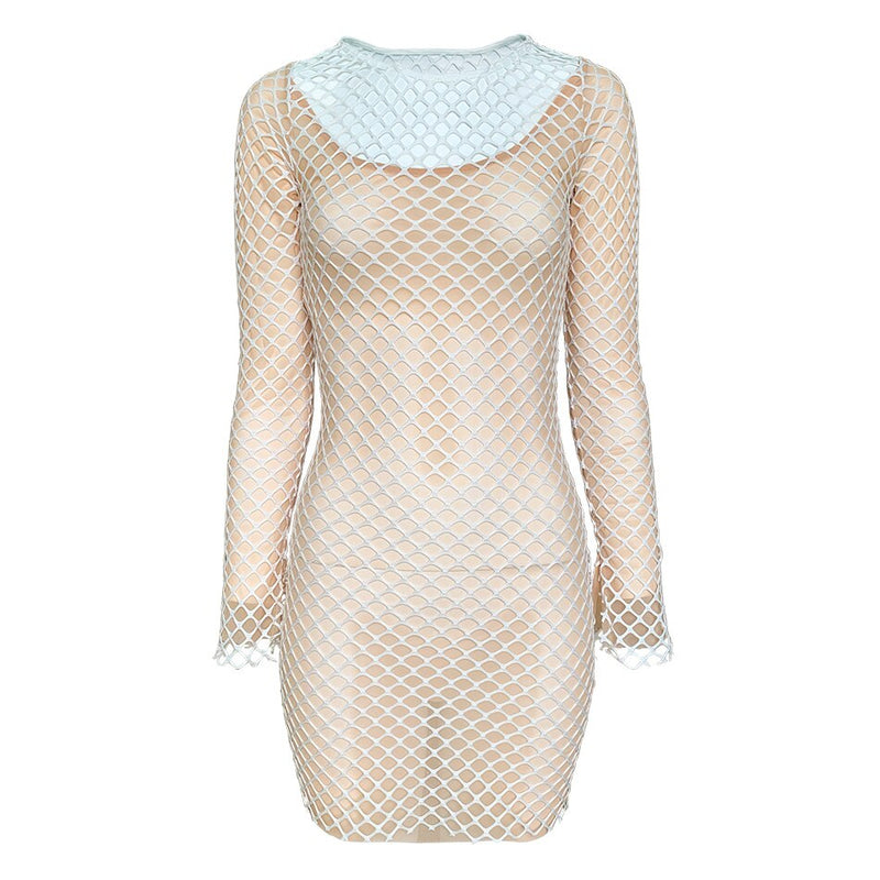 Glitzernder, transparenter Bodysuit, von Khloe Kardashian inspiriert, durchsichtiger Taillenausschnitt, Öse, hautenger Netz-Bodystocking aus Netzstoff