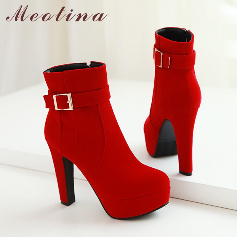 Meotina Female Boots Women Boots Winter Buckle Super High Heel Ankle Boots Zipper Platform Thick Heel Short Shoes Lady Red 33-43